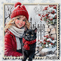 Kind im Winter mit einer Katze - GIF animasi gratis