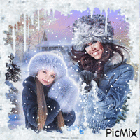 Mère et enfant en hiver. - GIF animasi gratis