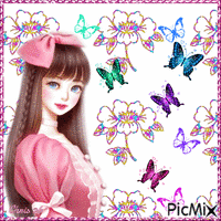 Anime girl and butterflies - Бесплатный анимированный гифка