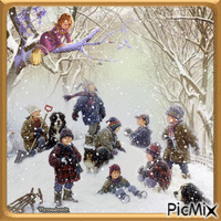 Les enfants jouent dans la neige. - GIF animé gratuit