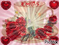 A CUP OF LOVE, RED ROSES, REDHEARTS, AND DIAMONDS FLASHING. - 免费动画 GIF