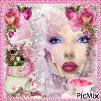 Jeune femme  en  rose  et  mauve,  dans  les  roses