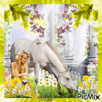 Woman and her Horse Springtime - GIF animé gratuit
