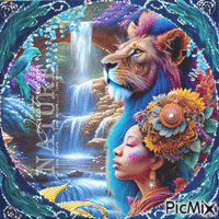 Nature fantasy waterfall woman lion