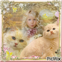 chat et jeune fille animovaný GIF