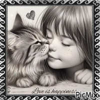 Love is Happiness. Girl, cat, black, white animowany gif