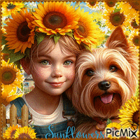 Sunflower child with her pet GIF animé