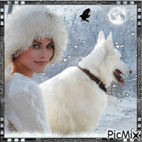 femme et chien dans  neige