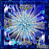 A BLUE SPARKLING FRAME, BLUE FLOWERS LIT UP AND BLUE FLOWERS SPARKLINGA LIGHT IN THE MIDDLE WITH SPARKLES AND A BIG SNOWFLAKE AND LOTS OF DIAMONDS HANGING FROM THE TOP.A FEW BLUE HEARTS AND STARS, AND BLUE AND WHITE FALLING FROM TOP AND BOTTOM. - Free animated GIF