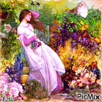 Vintage, jeune fille dans son jardin fleuri 🤩😀