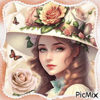 Femme,chapeau et roses..concours - GIF เคลื่อนไหวฟรี
