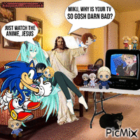 Miku, Sonic, and Jesus watch TV animovaný GIF