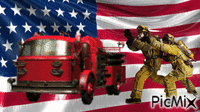 Firefighters and fire truck анимированный гифка