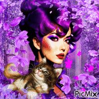 Femme aux cheveux violets avec un chat...concours