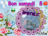 Fleurs, roses, Un cheval § Amitiés - Bon samedi . - Бесплатный анимированный гифка