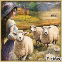 Femme avec des moutons. - Free PNG