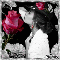 mujer  bonita con rosas rojas animoitu GIF