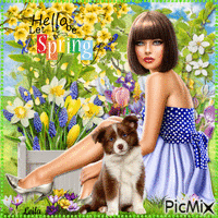 Hello, let it be Spring. Woman , dog, flowers
