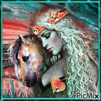 femme et son cheval - Free animated GIF