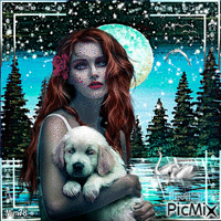 femme et son chien - Free animated GIF