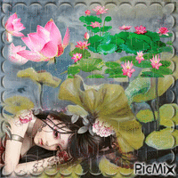 jeune fille sous la pluie avec des lotus - GIF animé gratuit