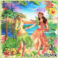 Pretty Tahitian Girls Dancing on The Beach.