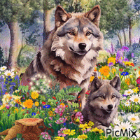 Wolf in spring - Бесплатный анимированный гифка