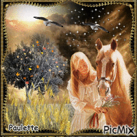 femme et son cheval - Free animated GIF