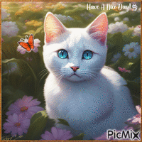 Concours : Portrait d'un chat blanc parmi les fleurs - Free animated GIF