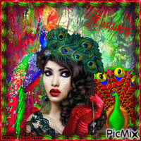 Femme au paon - fantaisie, rouge et vert