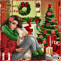 Merry Christmas. Christmas room, woman, dog,