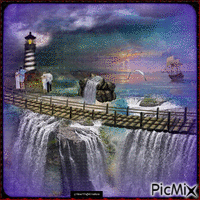 Ocean Lighthouse Waterfalls - Free animated GIF
