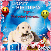 Happy Birthday to you. Best wishes from me. Dog and cat