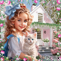 Little girl with a white cat