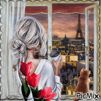 Femme à Paris avec son Chat 动画 GIF