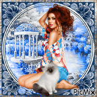 Smile of a red-haired woman with a cat - GIF animado grátis
