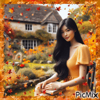 Asian Woman in a Cotswolds Autumn Garden