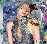 Portrait Woman Flowers Bird Colors Butterflies Glitter Deco Glamour Animiertes GIF
