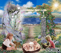 Angel guardening children and theirs small pets animovaný GIF