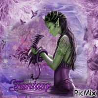 Femme et dragon, fantasy, tons violets