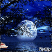 THE BLUE SEA AND BLUE SKY AT NIGHT, AND THE SILVER STARS, WITH THE BLACK BIRDS FLYING BY THE MOON, AND A BOAT PASSING IN THE NIGHT MAKES A BEAUTIFUL PICTURE. - Бесплатни анимирани ГИФ