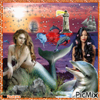 sirènes et dauphins - Безплатен анимиран GIF