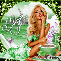 Femme blonde habillée de vert - Gratis animerad GIF
