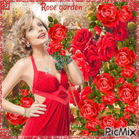 Rose garden. Women in red