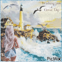 Wishing you a Great Day. Sea, seagulls, view, lighthouse