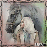 Peinture aquarelle d'une fille et un cheval!!! - Ingyenes animált GIF