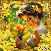 La belle et ses fleurs jaunes - Free animated GIF