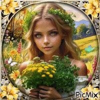 Retrato, niña de ojos bonitos con flores amarillas