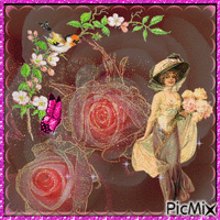 Portrait Woman Spring Flowers Bird Butterfly Pink  Glitter Vintage Victorian Hat animovaný GIF