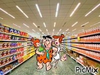 Fred, Wilma and Pebbles doing real life grocery shopping GIF animado